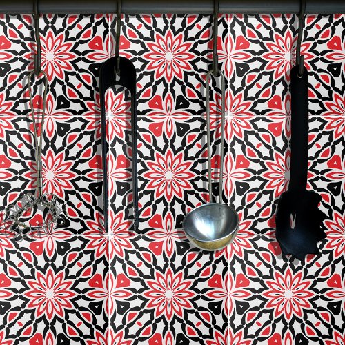 Red Black White Geometric Ethnic Kaleidoscopic Ceramic Tile