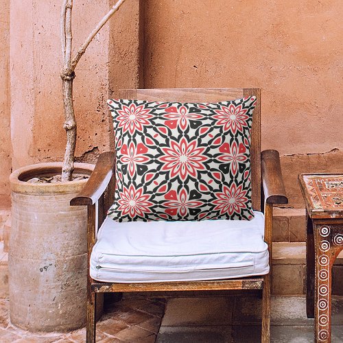 Red Black White Geometric Ethnic Kaleidoscopic  Outdoor Pillow