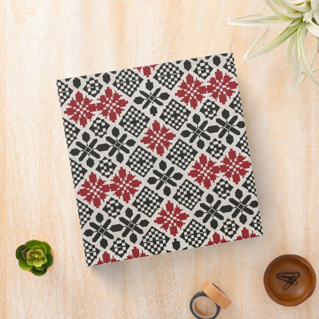 Red Black White Geometric Folk Pattern 3 Ring Binder (In Situ)