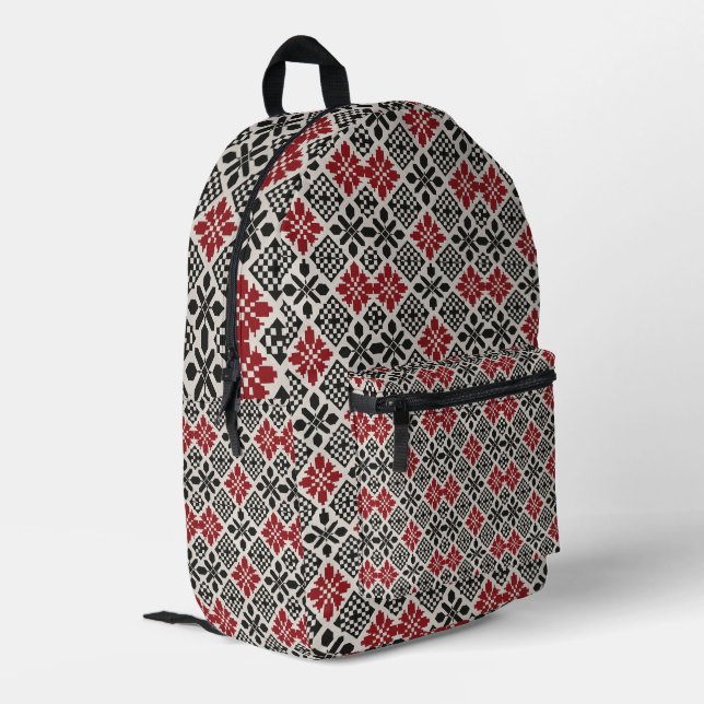 Red Black White Geometric Folk Pattern Backpack  (Back Corner Left)