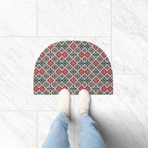 Red Black White Geometric Folk Pattern Doormat 