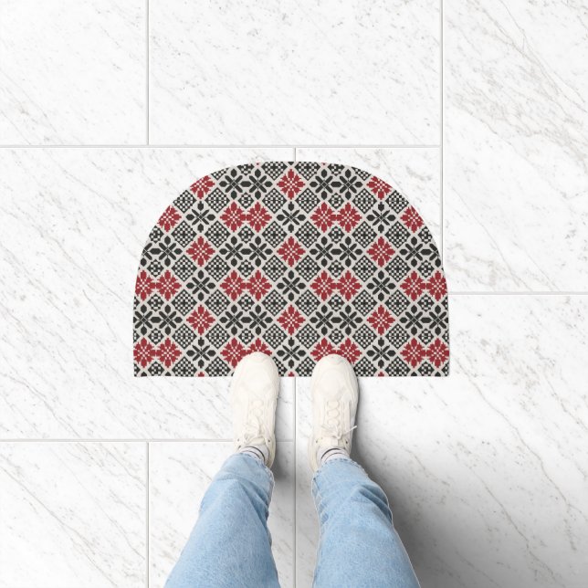 Red Black White Geometric Folk Pattern Doormat  (Indoor)