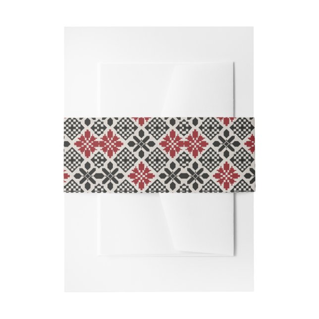 Red Black White Geometric Folk Pattern Invitation Belly Band (Front Example)