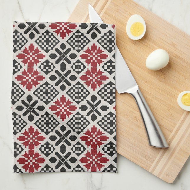 Red Black White Geometric Folk Pattern Kitchen Towel (Quarter Fold)