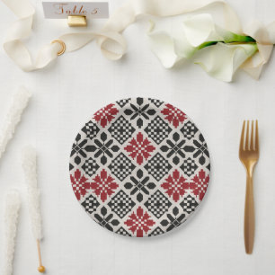Red Black White Geometric Folk Pattern Paper Plates