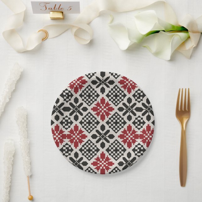 Red Black White Geometric Folk Pattern Paper Plates (Wedding)