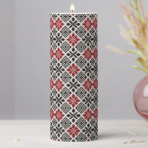 Red Black White Geometric Folk Pattern Pillar Candle