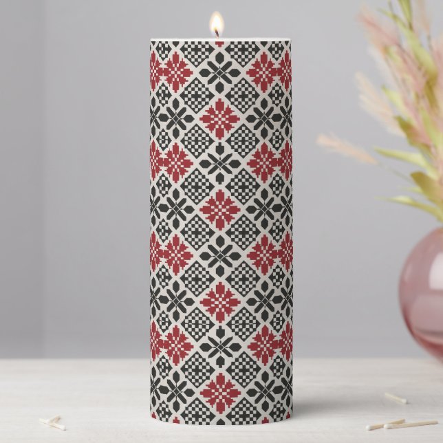 Red Black White Geometric Folk Pattern Pillar Candle (In Situ)