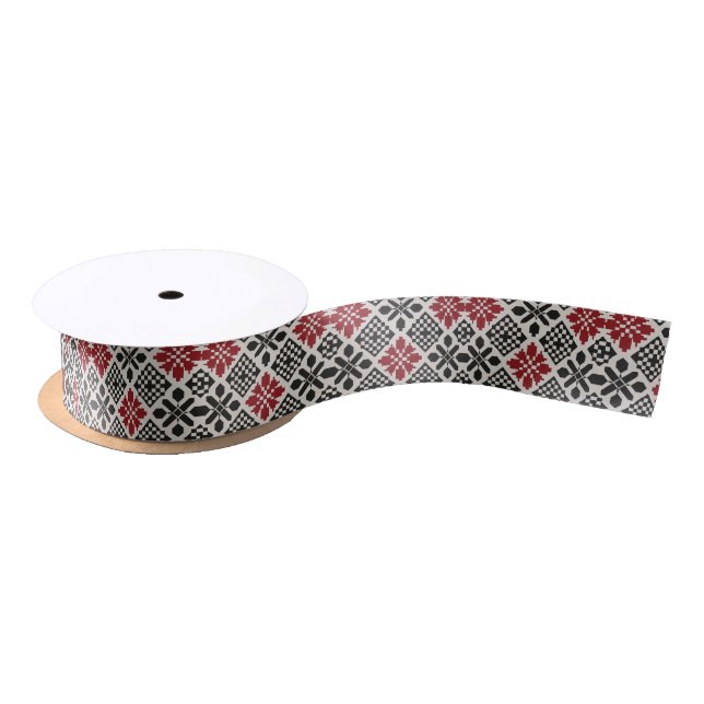 Red Black White Geometric Folk Pattern Satin Ribbon (Spool)