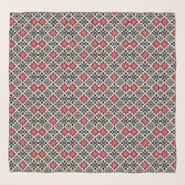 Red Black White Geometric Folk Pattern Scarf (Front)