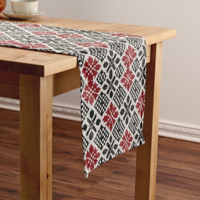 Red Black White Geometric Folk Pattern Short Table Runner (In Situ)