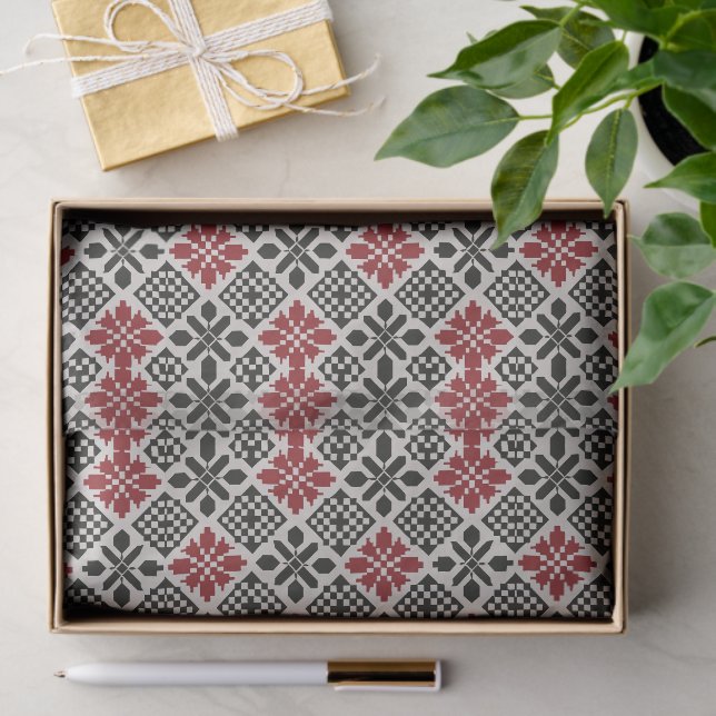 Red Black White Geometric Folk Pattern Tissue Paper (Gift)