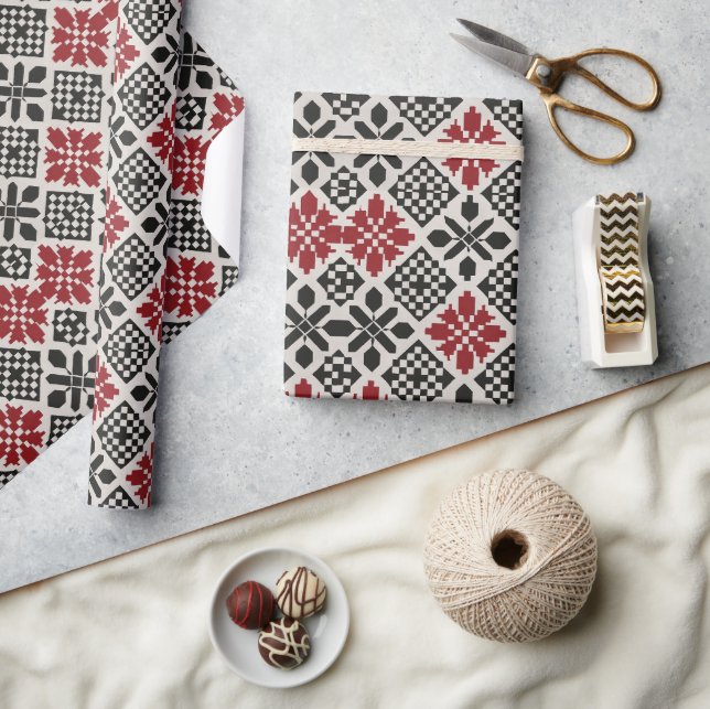 Red Black White Geometric Folk Pattern Wrapping Paper (Crafts)