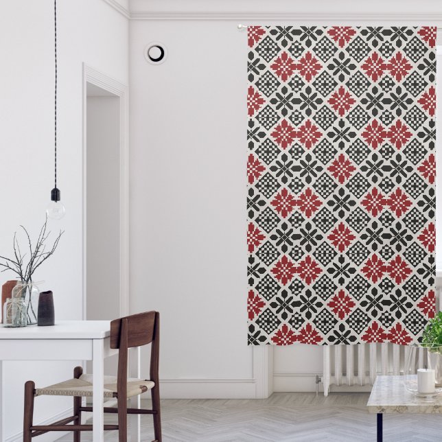 Red Black White Geometric Keffiyeh Folk Pattern Blackout Curtains (Living Room)
