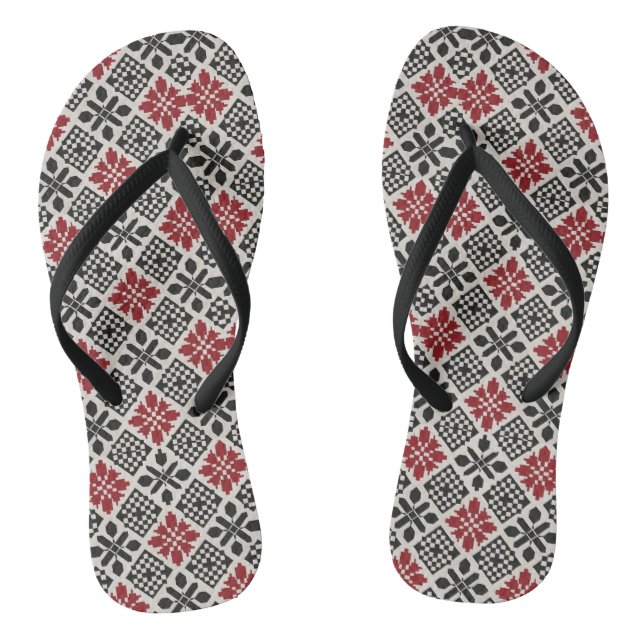 Red Black White Geometric Keffiyeh Folk Pattern Flip Flops (Footbed)