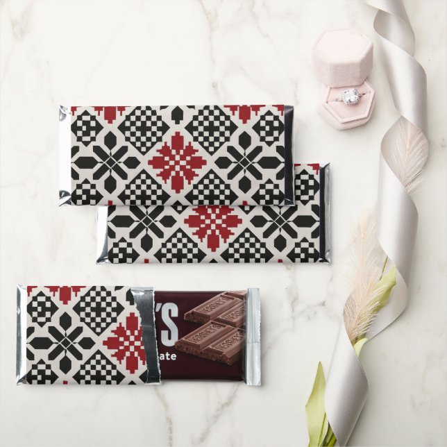Red Black White Geometric Keffiyeh Folk Pattern Hershey Bar Favors (Front)