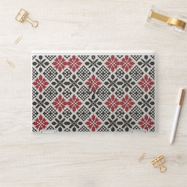 Red Black White Geometric Keffiyeh Folk Pattern HP Laptop Skin (Desk)