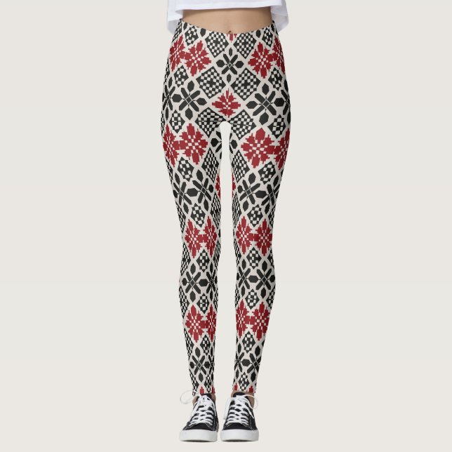 Red Black White Geometric Keffiyeh Folk Pattern  Leggings (Front)