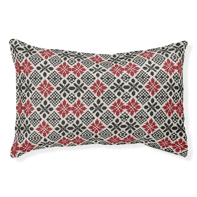 Red Black White Geometric Keffiyeh Folk Pattern Pet Bed (Front)