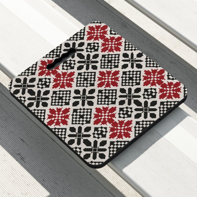 Red Black White Geometric Keffiyeh Folk Pattern Seat Cushion (In Situ)