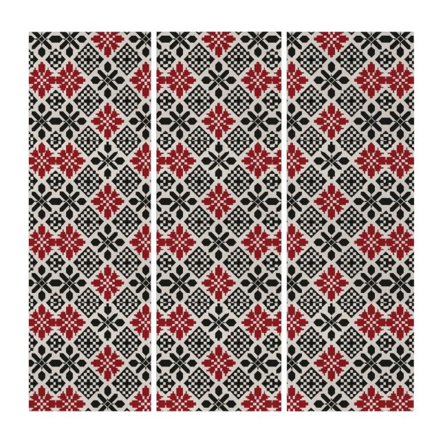 Red Black White Geometric Keffiyeh Folk Pattern Triptych (Front)