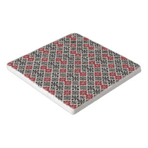 Red Black White Geometric Keffiyeh Folk Pattern Trivet