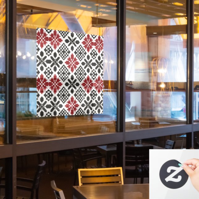 Red Black White Geometric Keffiyeh Folk Pattern Window Cling (Restaurant Window)