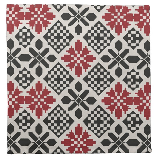 Red Black White Geometric KeffiyehFolk Pattern Cloth Napkin (Front)