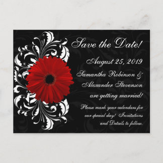Red+Black+White Gerbera Daisy Save the Date Announcement Postcard