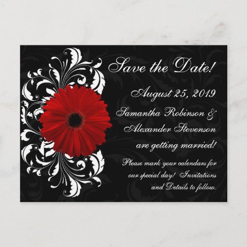 RedBlackWhite Gerbera Daisy Save the Date Announcement Postcard