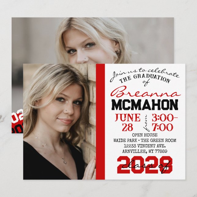 Red, Black & White Graduation 2 Photo Invitation (Front/Back)
