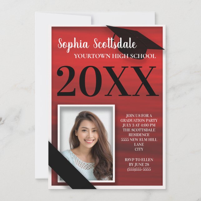 Red Black White Graduation Announcement Party (Front)
