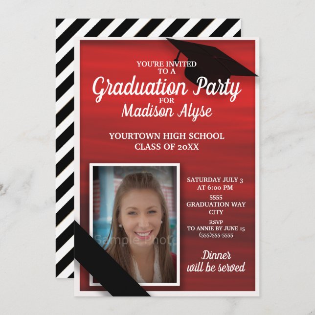 Red Black White Graduation Party Photo Invitation (Front/Back)