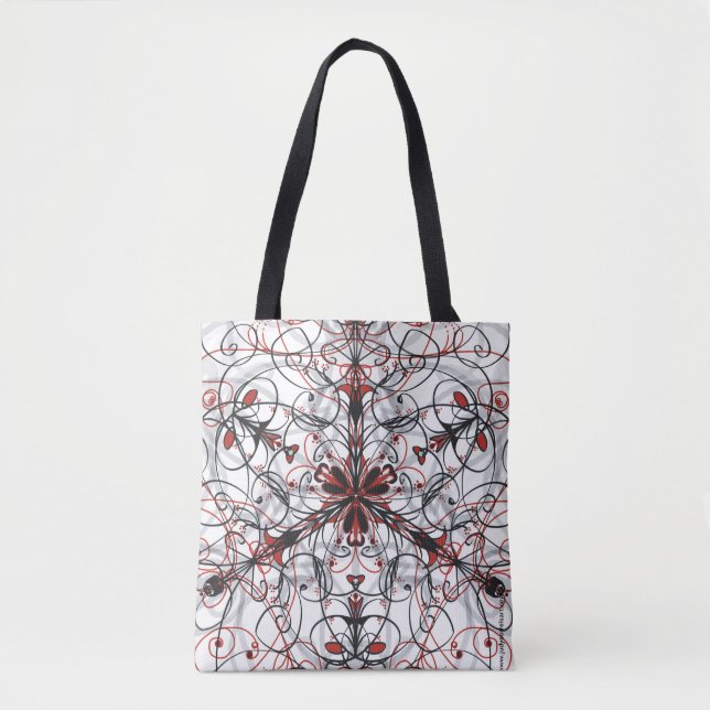 Red, Black, White & Gray Kaleidoscope Tote Bag (Front)