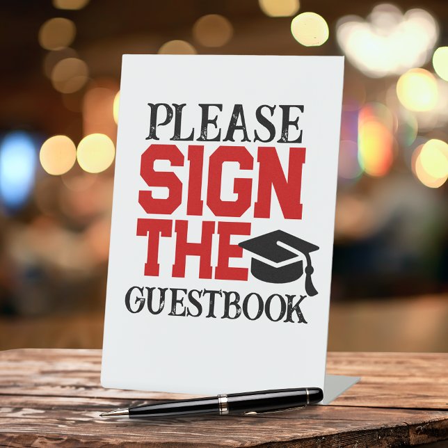 Red, Black & White Guestbook Graduation Table Pedestal Sign (Red & Black Graduation Menu Pedestal Sign)
