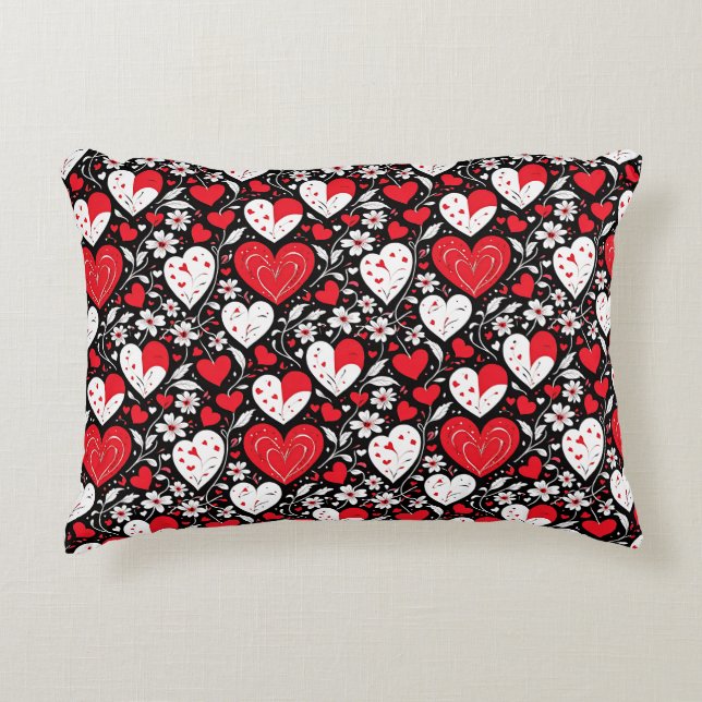 Red, Black & White Hearts and Flowers Accent Pillow (Front)