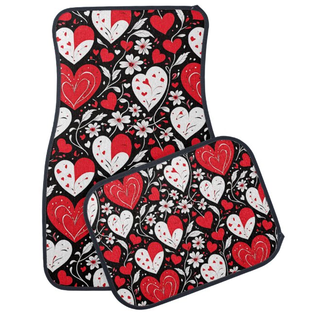 Red, Black & White Hearts and Flowers Car Floor Mat (Set)