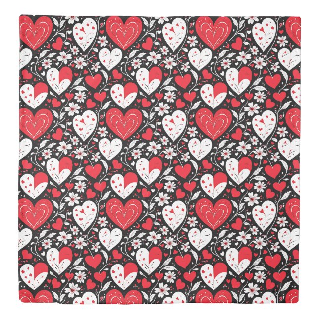 Red, Black & White Hearts and Flowers Duvet Cover (Front)