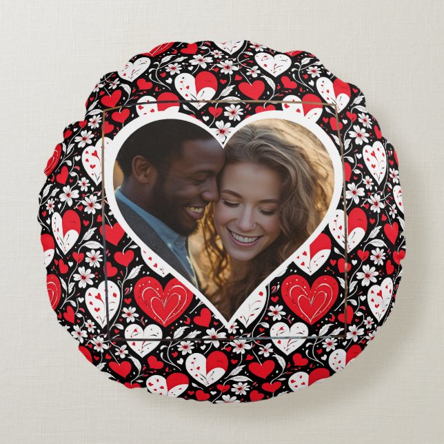 Red, Black & White Hearts and Flowers Personalized Round Pillow (Front)