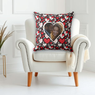 Red, Black & White Hearts and Flowers Personalized Throw Pillow