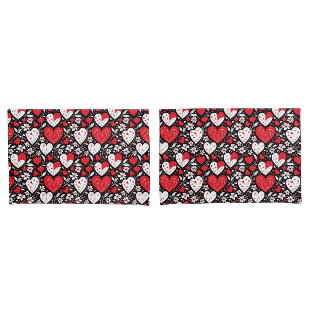 Red, Black & White Hearts and Flowers Pillow Case (Front-Set)