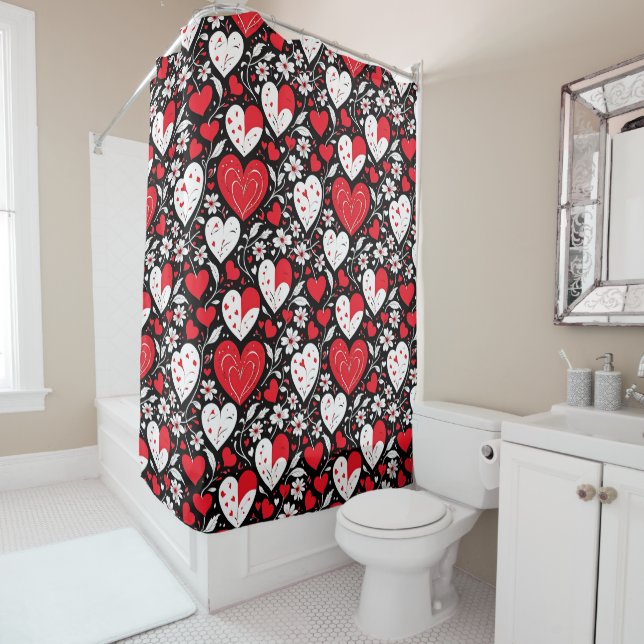 Red, Black & White Hearts and Flowers Shower Curtain (In Situ)