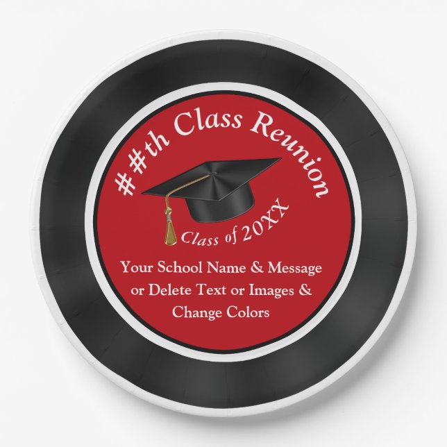 Red Black White High School Reunion Party Supplies Paper Plates (Front)