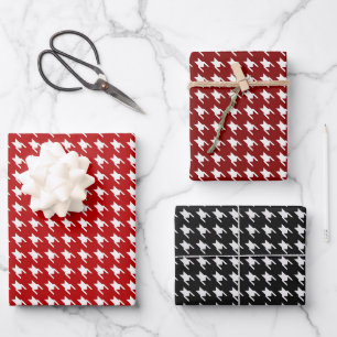 Red & Black White Houndstooth Wrapping Paper Sheets