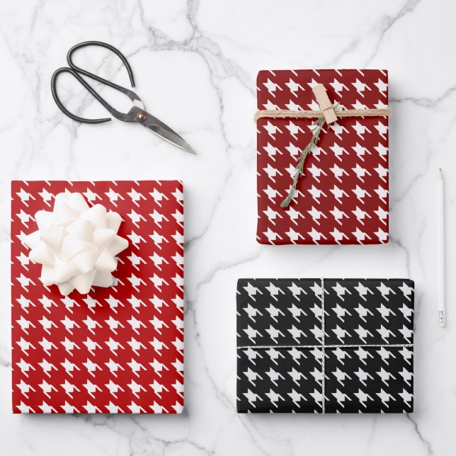 Red & Black White Houndstooth Wrapping Paper Sheets (Front)