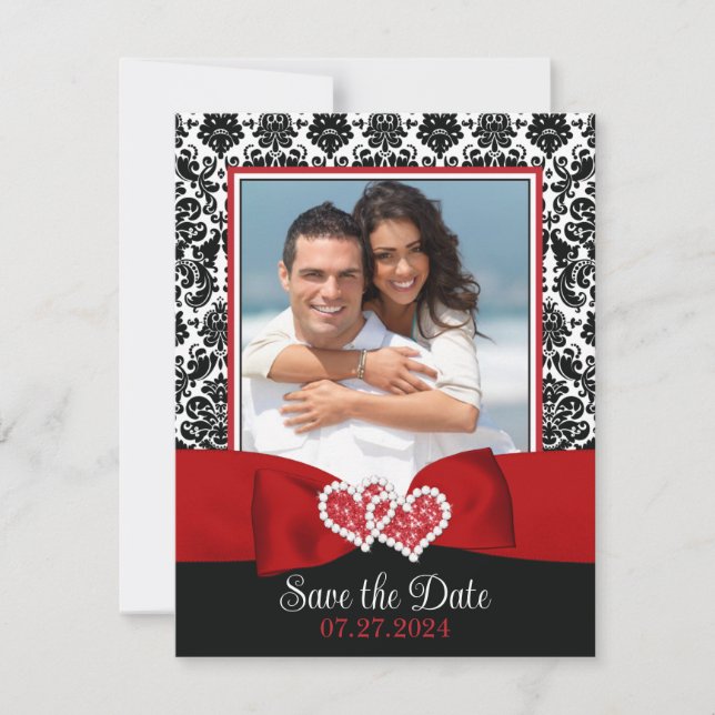 Red, Black, White Love Hearts Photo Save the Date (Front)