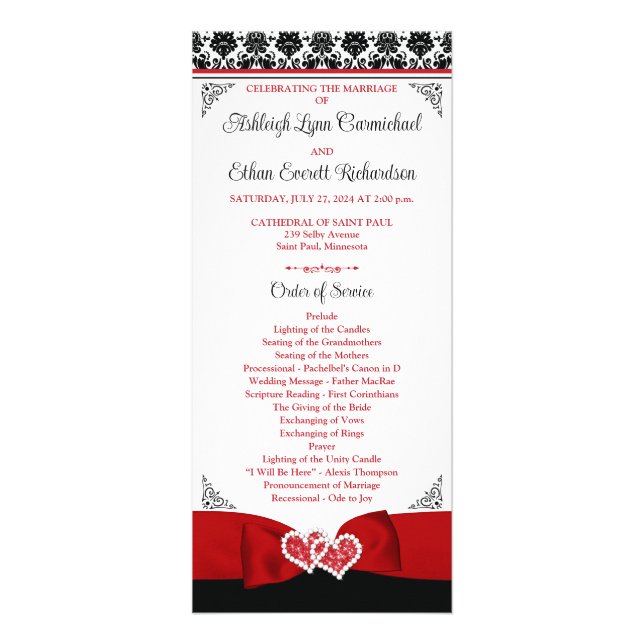 Red, Black, White Love Hearts Wedding Program (Front)