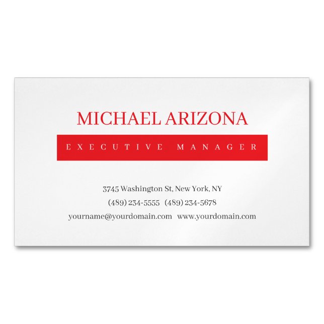 Red Black & White Minimalist Simple Plain Modern Business Card Magnet (Front)