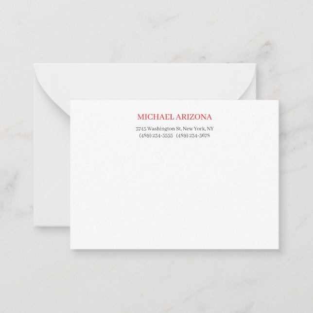 Red Black & White Minimalist Simple Plain Modern Note Card (Front)