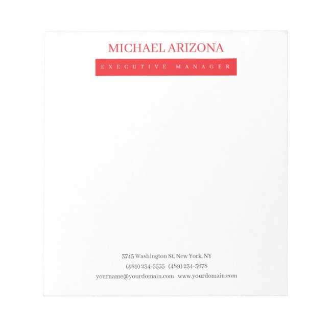 Red Black & White Minimalist Simple Plain Modern Notepad (Front)